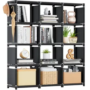 Book Shelf, 12 Cube Storage Organizer, DIY Bookcase, Metal Bookshelf,Tall Book case for Bedroom, Living Room,Office,Closet, Black Cubicle Rack