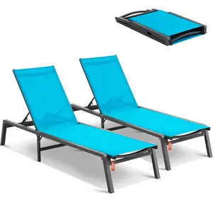 【FathersDayGift】VEVOR Chaise Lounge Chairs Outdoor,  , Aluminum Patio Lounge Chairs with Adjustable 5-Position, Folding Pool Lounge Chairs Recliner and Full Flat Tanning Chairs for Patio, Beach, Pool, Blue, 2 pcs