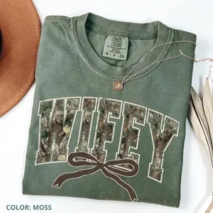 Comfort Colors Hunting Wifey T-Shirt, Varsity Wifey Camo Graphic Tee, Trendy Hunting Wife Shirt, Distressed Country Style T-Shirt, Gift for Wife