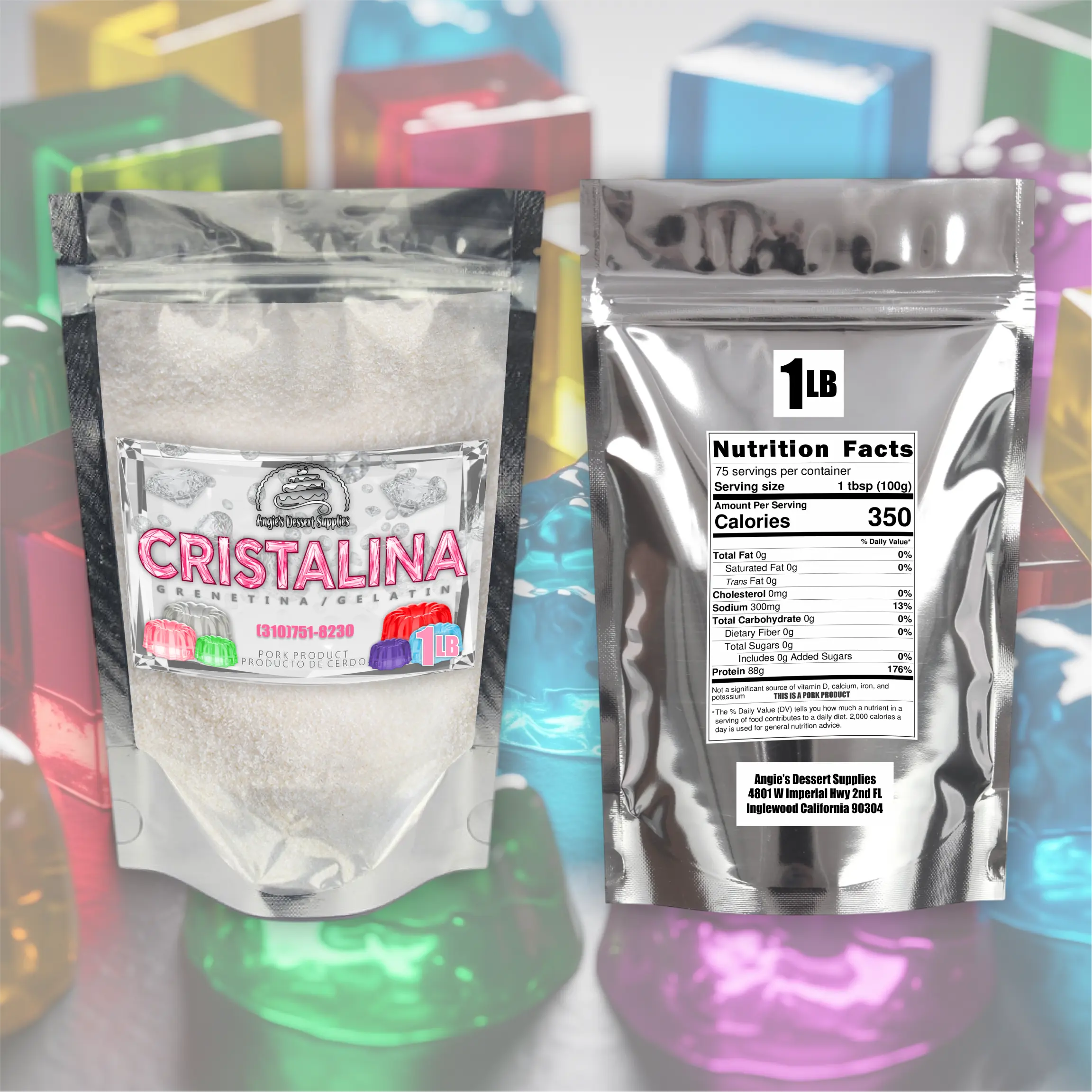 CRISTALINA Crystal Clear Gelatine 300 Blooms from Angies Dessert Supplies contains Pork