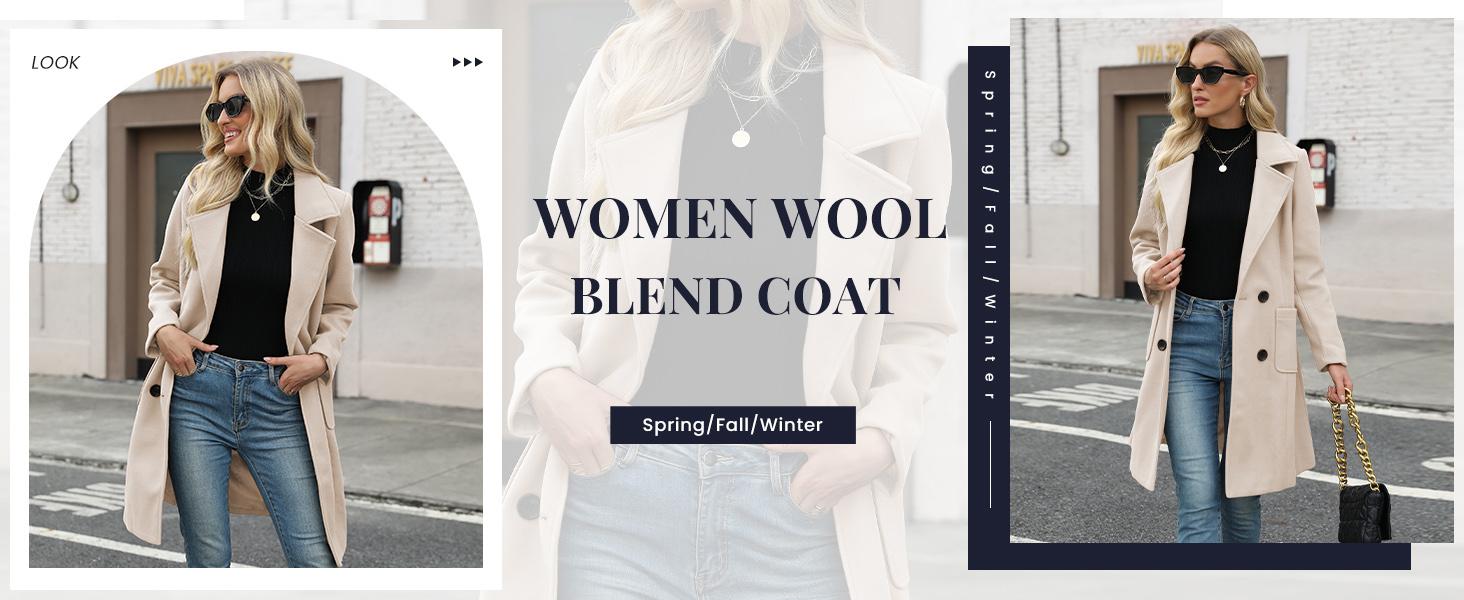 Molitree Women's Winter Wool Blend Camel Mid-Long Coat Notch Double-Breasted Lapel Jacket Outwear Casual Button Closure Elegant Fitted Basic Tops  Womenswear Outerwear Blue Collared Minimalist