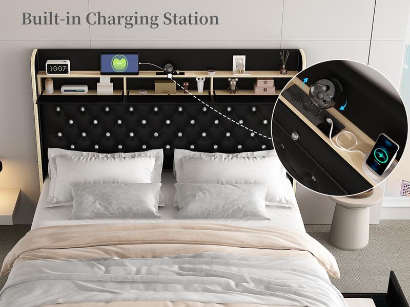 Sibeds Queen LED Bed Frame with Bookcase Storage Headboard, Galaxy Star Projector, 2 Storage Drawers, Noise-Free, Tall Tufted Headboard, No Box Spring Needed, PU Leather Black,Modern Design Home Interior Furniture