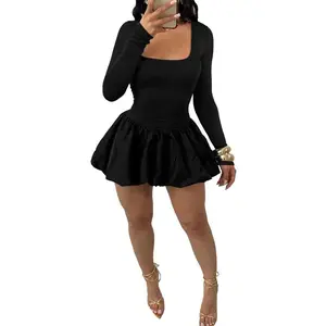 Women Bubble Mini Dress Party Clubwear Square Neck Long Sleeve Cute Puffy