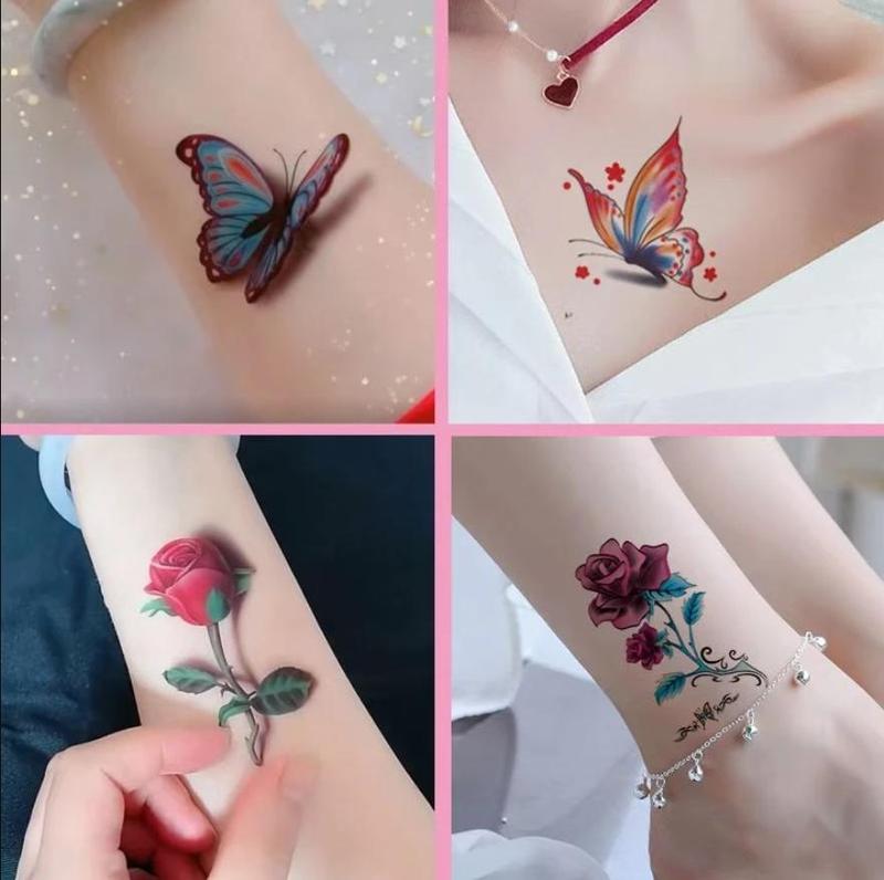 66 Sheets Flowers Temporary Tattoos Stickerss, Roses, Butterflies and Multi-Colored Mixed Style Body Art Temporary Tattoo for Women, Girls or Kids Waterproof Removable Long Lasting