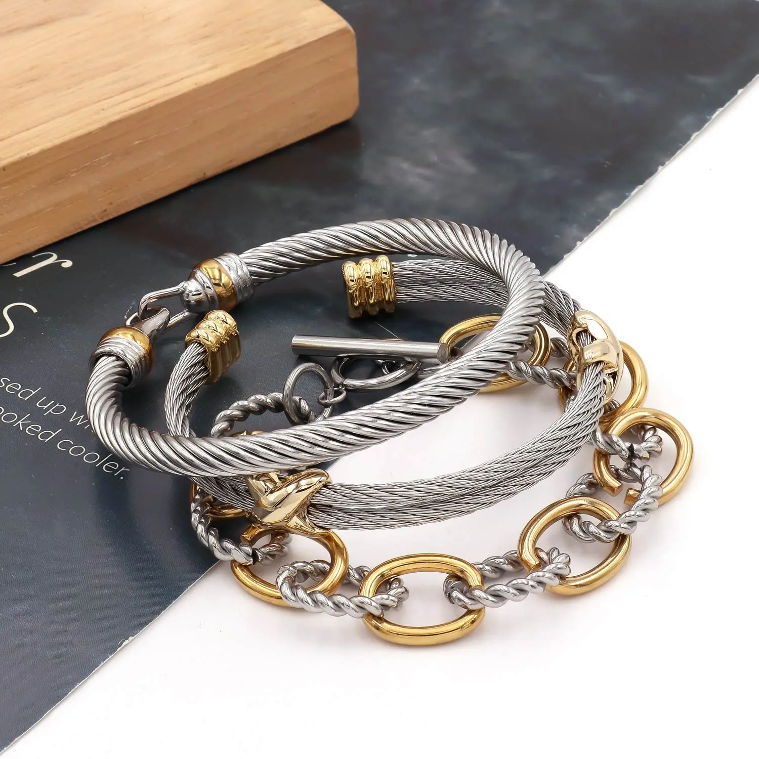 Women's 3-Piece Stainless Steel Open Cable Wire Hook Cuff Bangle Bracelet Set, Fashion Costume Jewelry Stainless Steel Bracelets