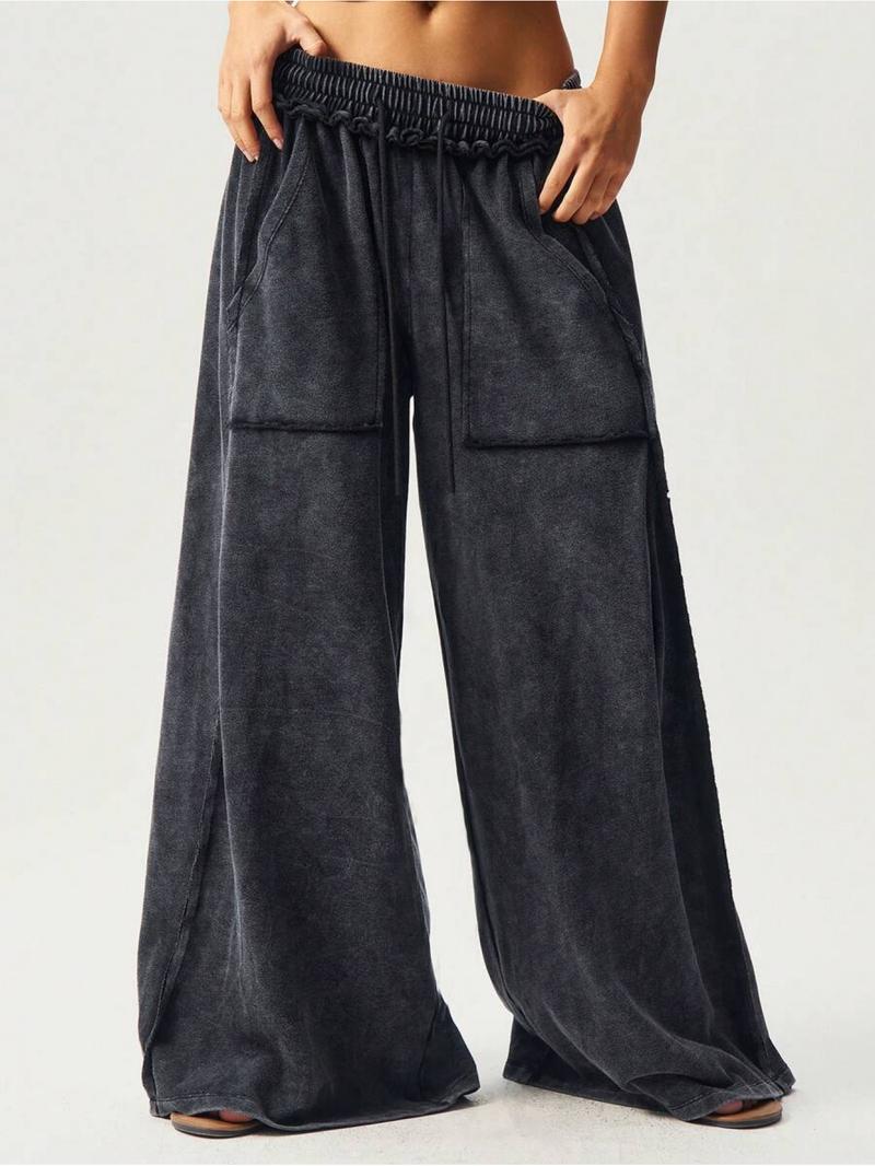 BOHO Ladies' Casual Knitted Patchwork Color Loose Wide-Leg Washed Pants