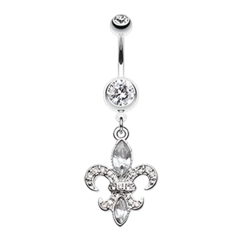 CZ Crystal Fleur De Lis Dangling Belly Button Ring - Stainless Steel
