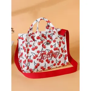 Cherry Pattern Handbag, Fashionable Multi-pocket Design Shoulder Bag for Women, Casual Trendy Versatile High-quality Daily Commuting Bag