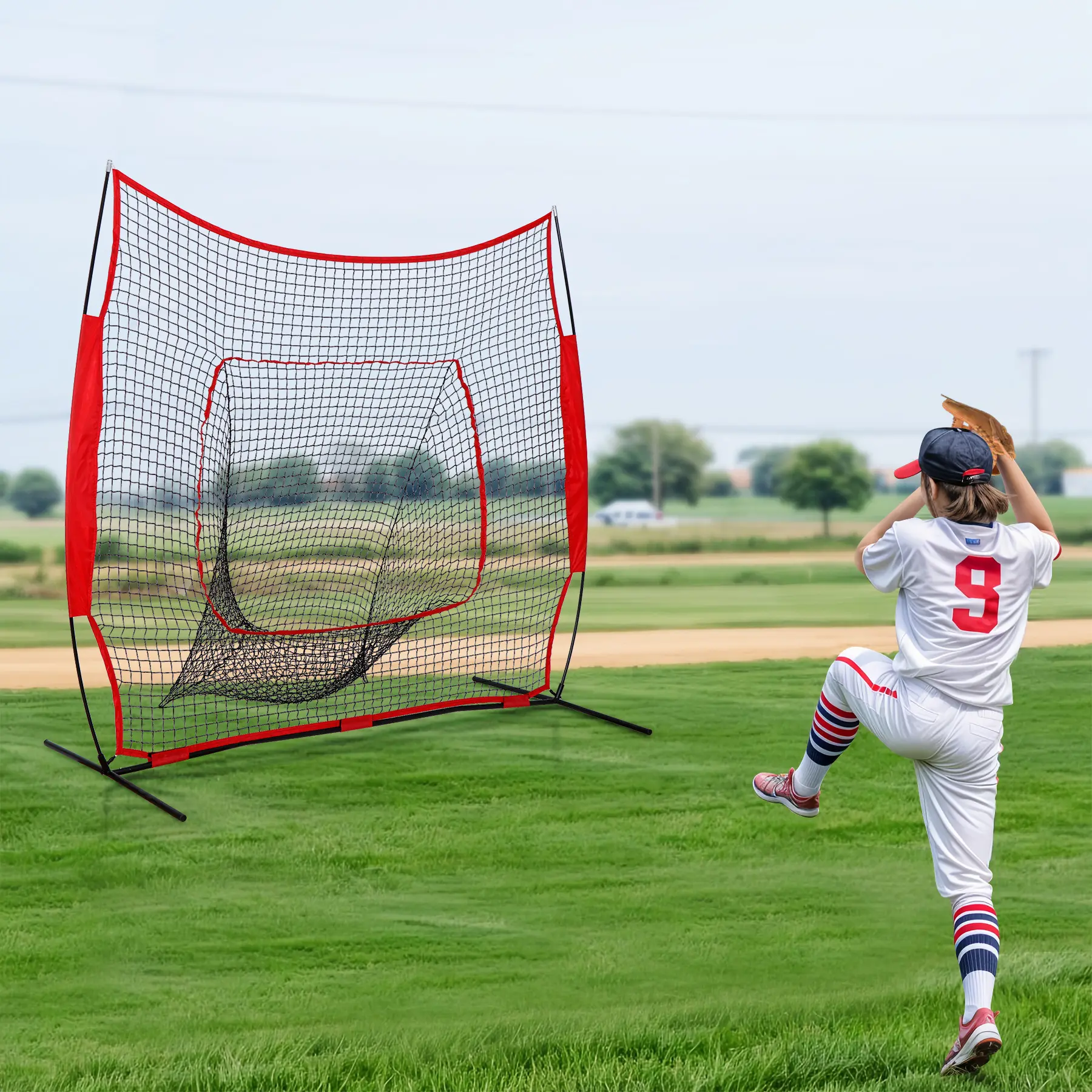 Zeny Portable Baseball Training Net - 7x7FT/5x5FT Sizes, Collapsible Lightweight Frame (12 lbs), Polyester Mesh, Softball Training Aid, 4x Metal Stakes, Carrying Bag, Durable Batting Practice Equipment for Grass/Dirt Tee Work