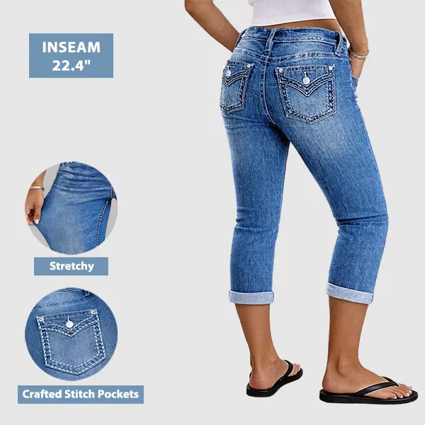 Flamingals Stitch Detail Mid Waist Rolled Hem Capri Jeans Womenswear Stretchy 22.4" Inseam
