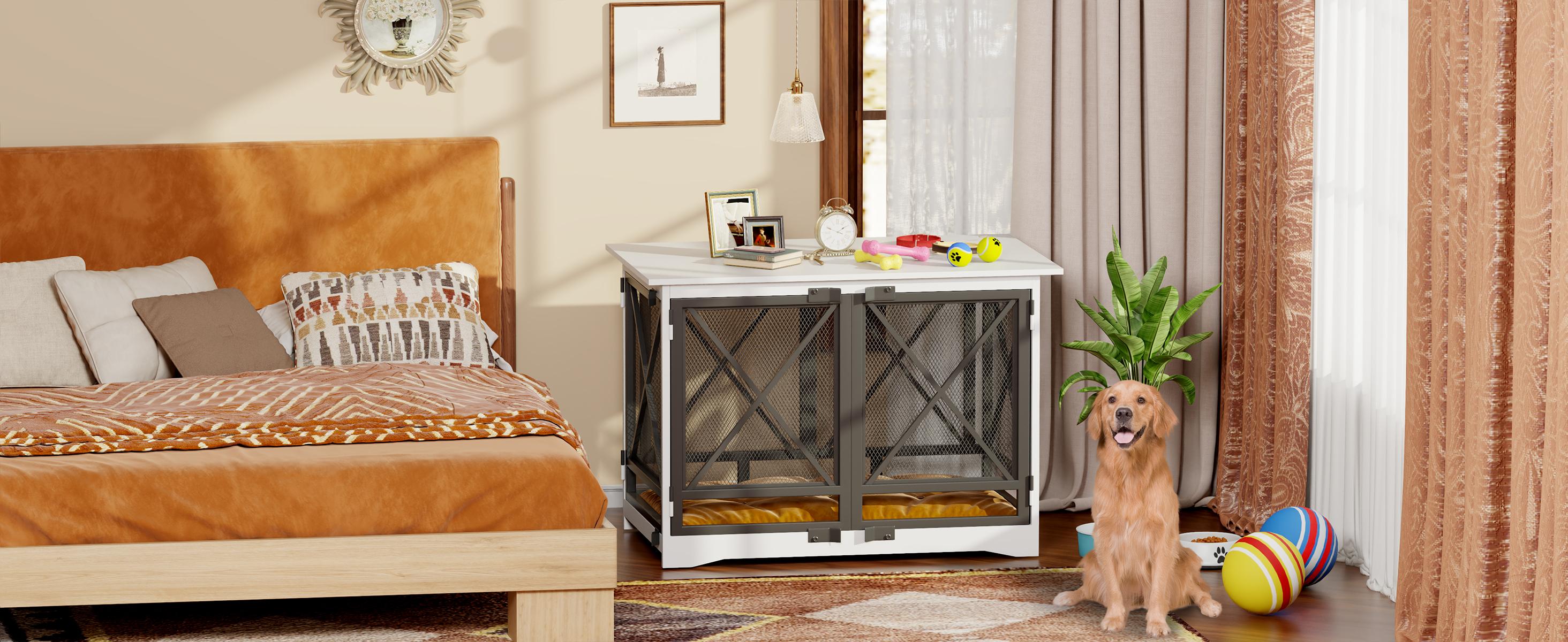 【TreasureFinds】COZPAW Dog Crate Furniture - 48 inch Heavy Duty Dog Crate Furniture for Extra Large Breed with Double Doors, Wooden XXL Modern Decorative Indoor Large Pet Kennel Side End Table TV Stand (White)