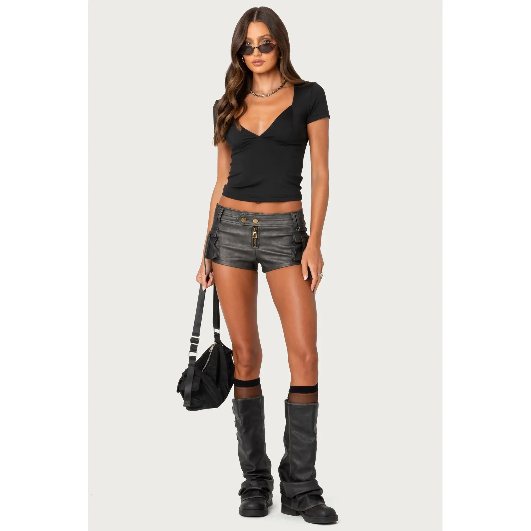 Washed Faux Leather Micro Cargo Shorts
