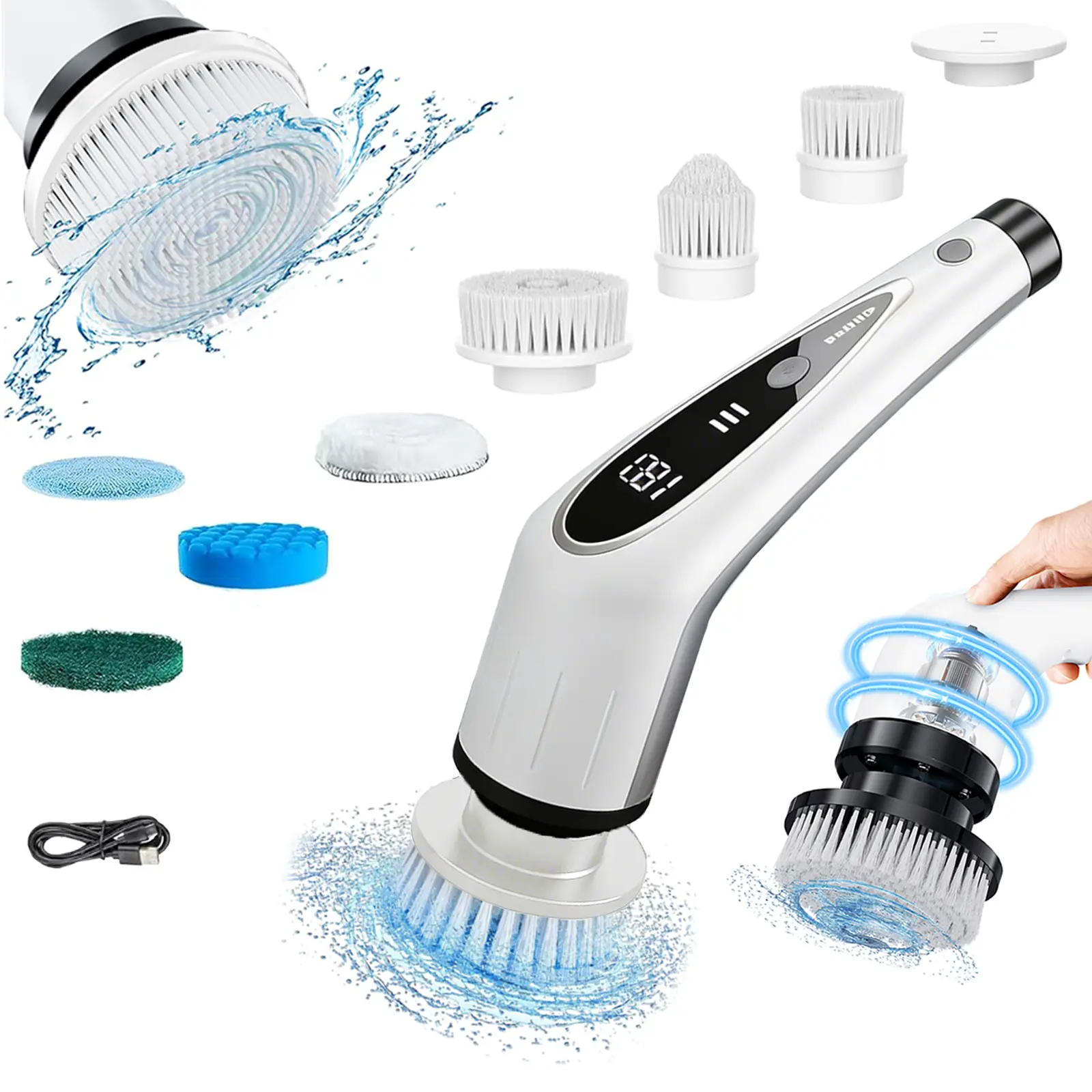 【BACK TO SCHOOL】2026 Upgraded Cordless Electric Spin Scrubber, Handheld Household Wireless Cleaner with 8 Replaceable Brush Heads, 3-Length Extendable Handle, IPX7 Waterproof, LED Display, USB-C Fast Charge, USB Port for Bathroom,TikTokShopBackToSchool