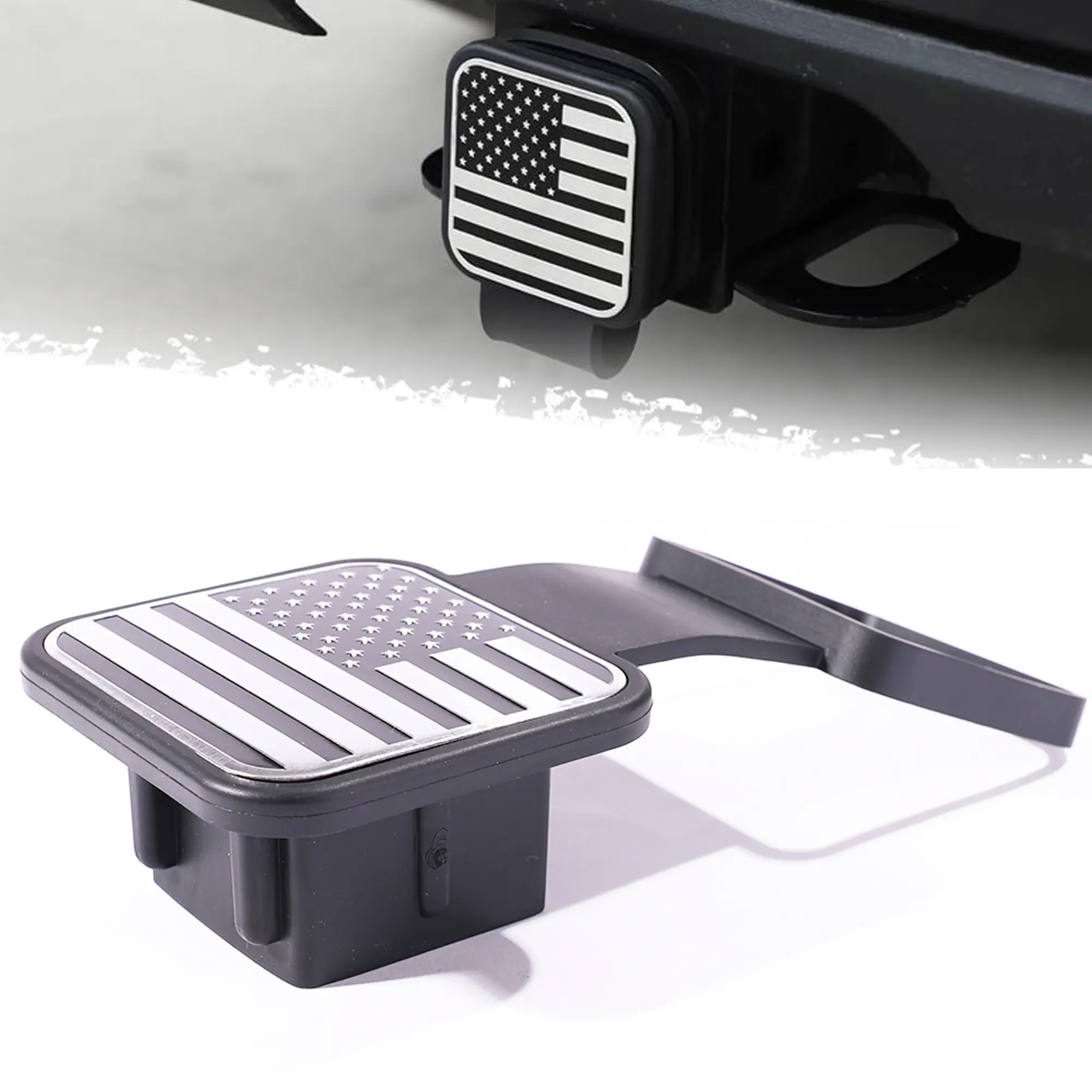 USA Flag Emblem Aluminum Alloy Tow Hitch Cover - Standard 2"-Receiver Trailer Hitch Mudproof Cap with 4-Way Flat Insert, Black Soft Rubber Automotive Accessory for Jeep, Ford Trucks Camping Use