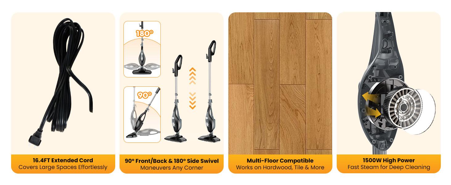 10-in-1 Steam Mop, 1550W Detachable Handheld Steam Cleaner for Floor Cleaning, 16FT Cord, 2 Washable Pads, Multi-Purpose Floor Steamer for Hardwood, Carpet, Tile, Grout, Windows