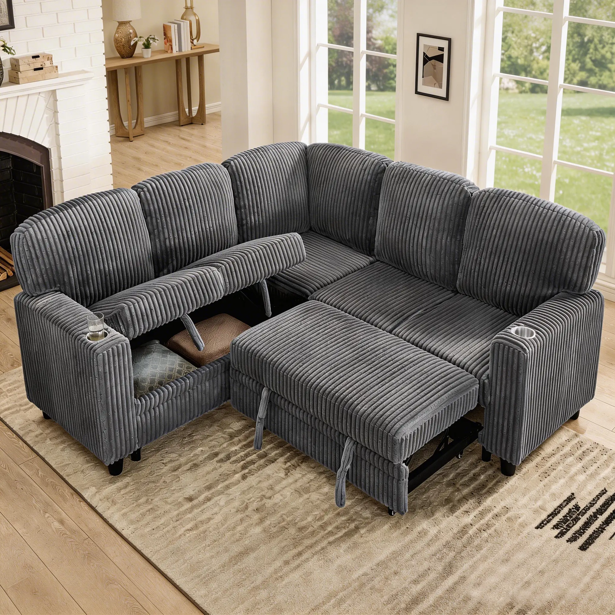 L-Shaped Corduroy Modular Sofa - 5-Seat Oversized Sturdy Sleeper Couch with Pull-Out Bed, Storage, USB Charging, Plastic Accents, Convertible for Living Room, Apartment (Grey/Beige/Olive Green)