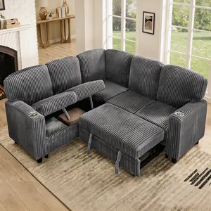 L-Shaped Corduroy Sectional Sofa Bed with Pull-Out Bed & Storage, 5-Seat Sleeper Couch with USB Charging, Convertible for Living Room Apartment, Grey/Beige/Olive Green