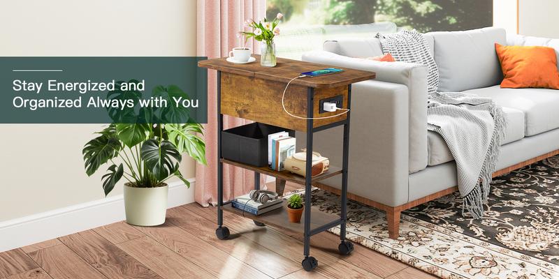 EROMMY Multi-Functional Flip Side Table w/USB Charging Station, 360° Swivel Wheels & Storage Shelf | Space-Saving Slim Design for Living Room/Bedroom | Rustic Brown Wood End Table