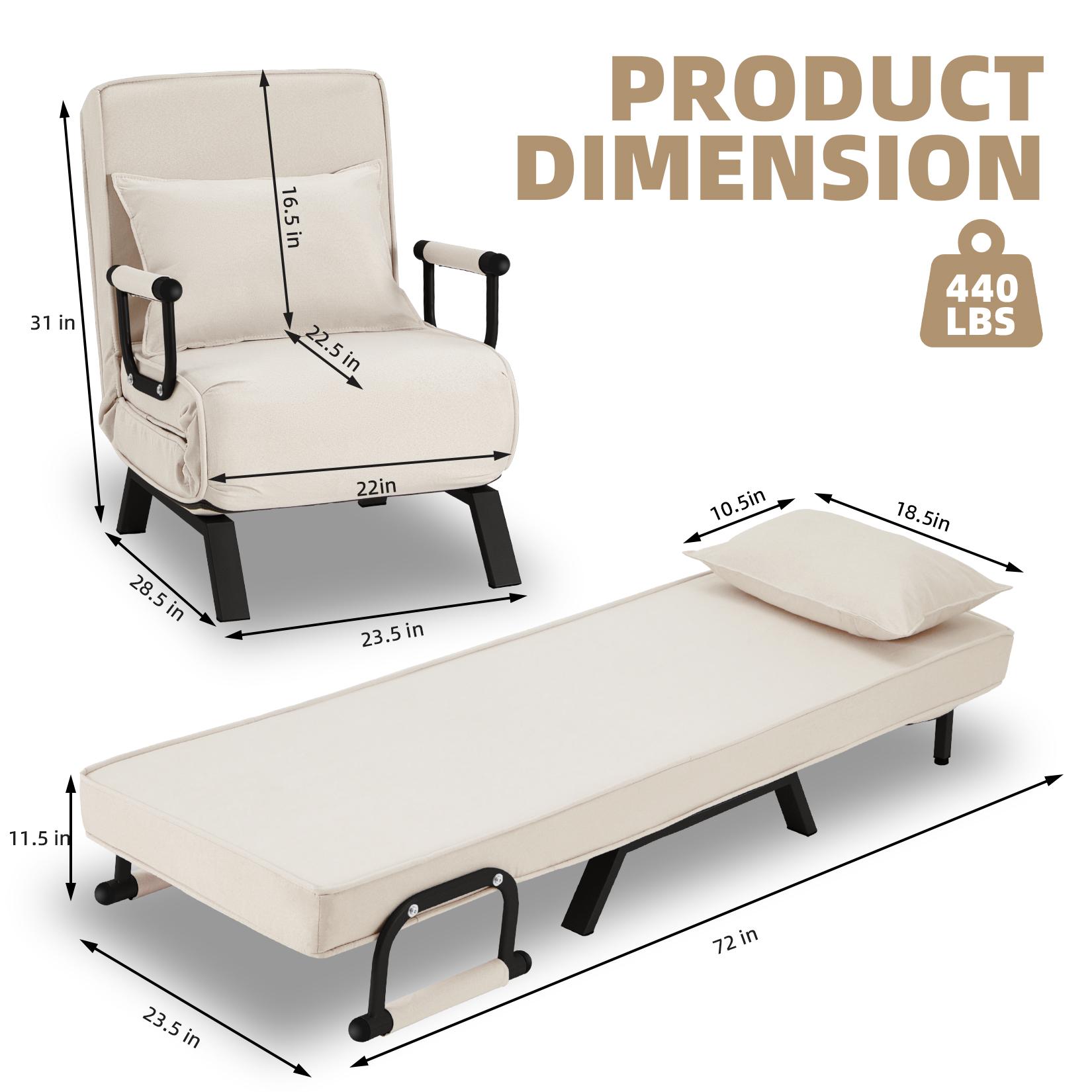 Convertible Sofa Bed, Multi-Function Folding Sleeper Chair, Single Convertible Sleeper Sofa with Pillow, Lazy Bed Leisure Recliner, Adjustable Backrest Single Bed for Small Spaces, Apartment, Office, Living Room