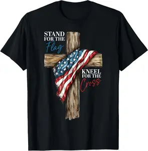 Stand for The Flag Kneel for The Cross Patriotic Faith T-Shirt Pure Cotton Graphic Tees Menswear Top: Gifts for Men & Women