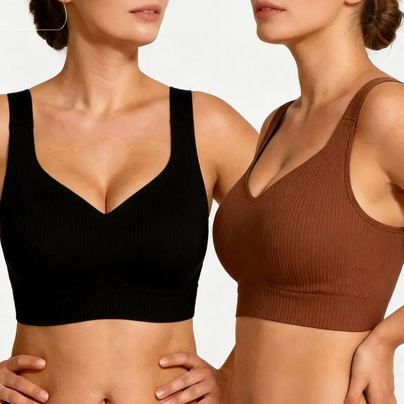 EssElegance Women's 2-Pack Ribbed Seamless Bras in Classic Black and Rich Mocha Brown. Deep V-Neck Wirefree Bralettes. Comfortable Stretchy Crop Top Intimates with Wide Straps. Soft Lounge Lingerie Collection for Daily Wear and Everyday Support.
