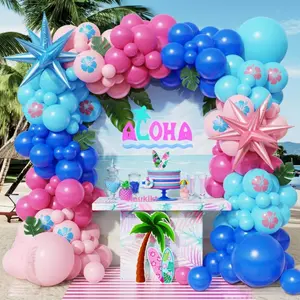 147-Piece Royal Blue & Pink Balloon Arch Kit with Palm Leaves for Tropical & Cartoon Parties