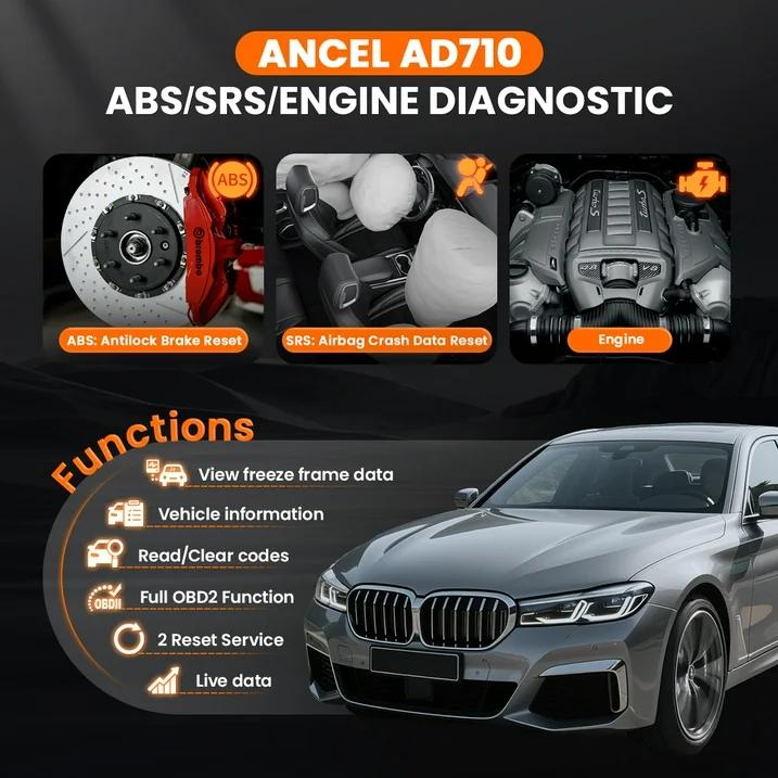 ANCEL AD710 ABS SRS OBD2 Scanner Automotive Scan Tool with ABS Bleeding, EPB Reset, Battery Test, Live Data, Full OBD2 Modes, Car Code Reader Diagnostic Tool