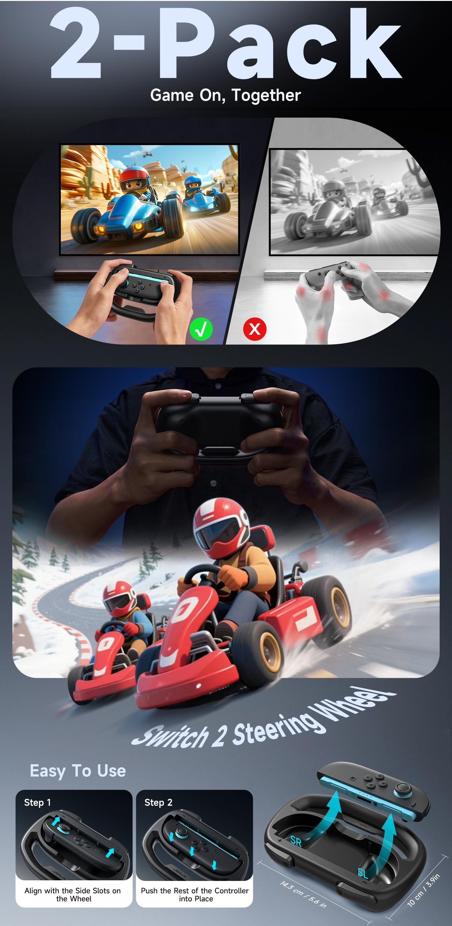 JSAUX Steering Wheels for Nintendo Switch 2 JoyCon Controller, Compatible with Mario Kart 9/8 Deluxe, Realistic Racing Experience with Comfortable Grip, Switch 2 JoyCon Controller Accessories–2X Black Wireless Joystick