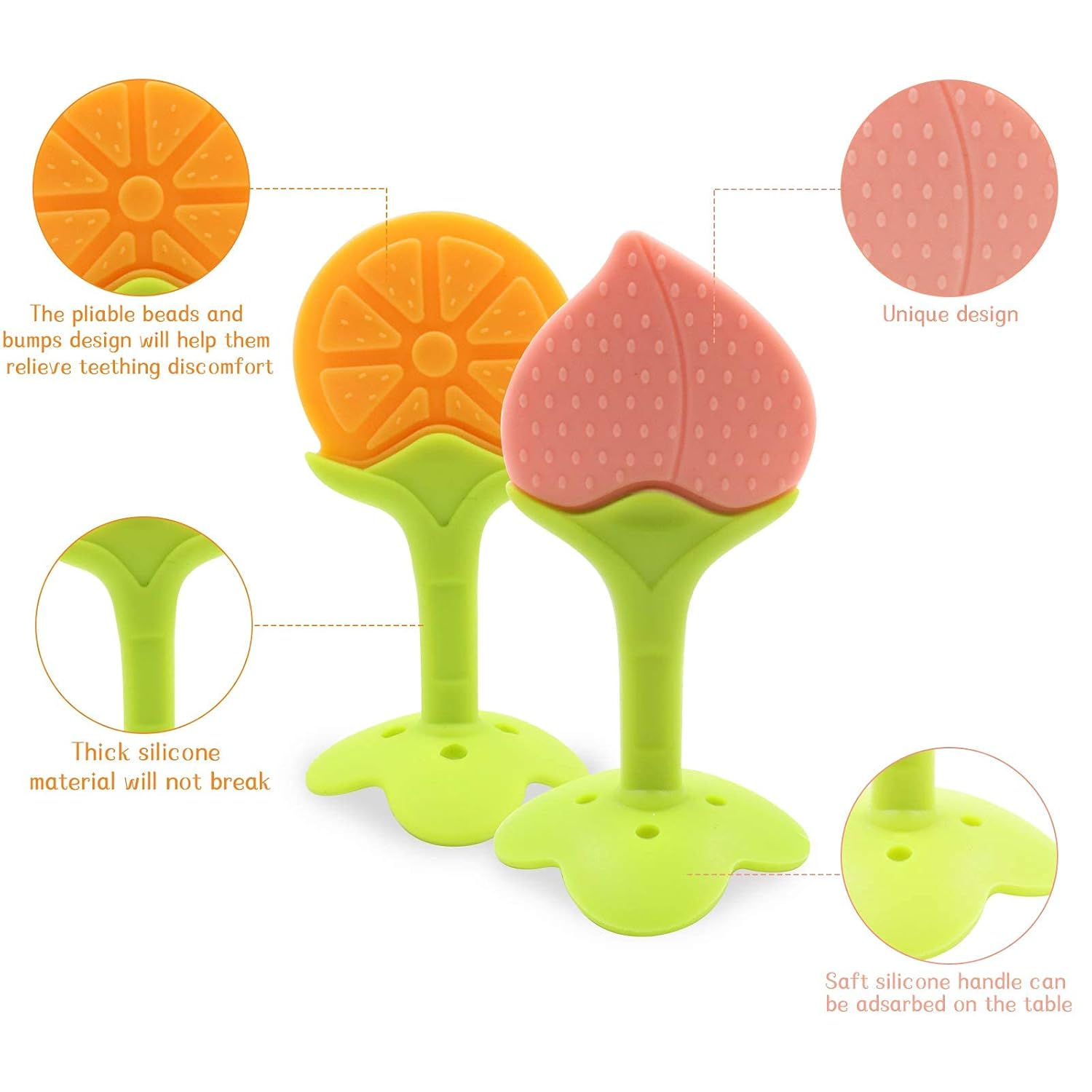 5-Pack Soft Fruit Silicone Teething Toys for Babies (0–12 Months) – Chill-and-Chew Stick-and Freeze Safe Infant Teethers