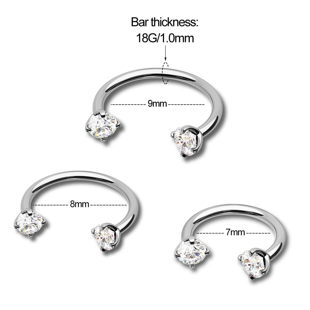 Oufer 16G Horseshoe Internally Threadless AAA+ Garde CZ Revisable Nostril Nose Cartilage Helix Lobe Piercing Ring Inner Diameter 7mm 8mm 9mm