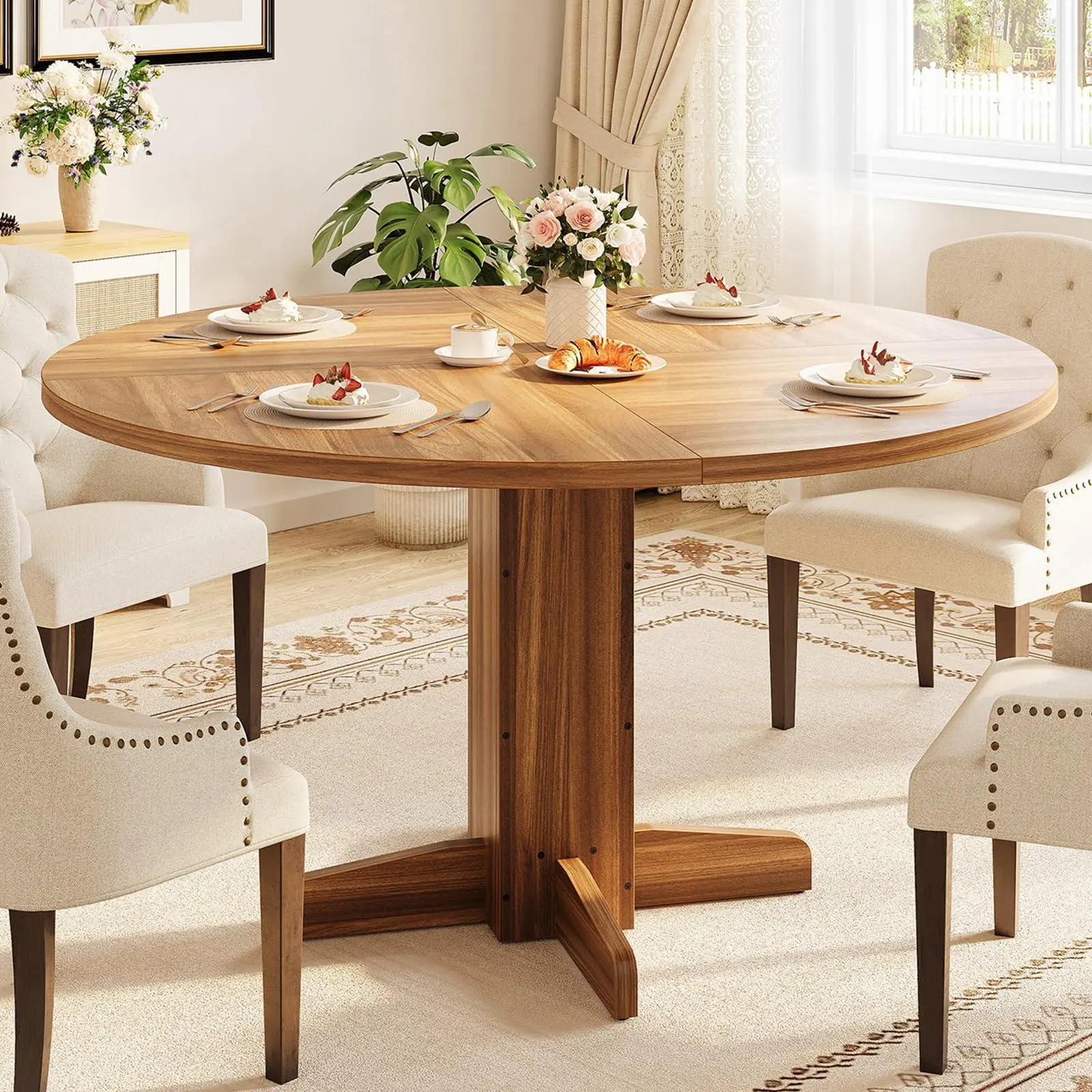 Round Dining Room Table for 4-6, 47" Wood Kitchen Table with Sturdy Pedestal Base, Farmhouse Circle Dinner Tables for Living Room, Apartment, Walnut