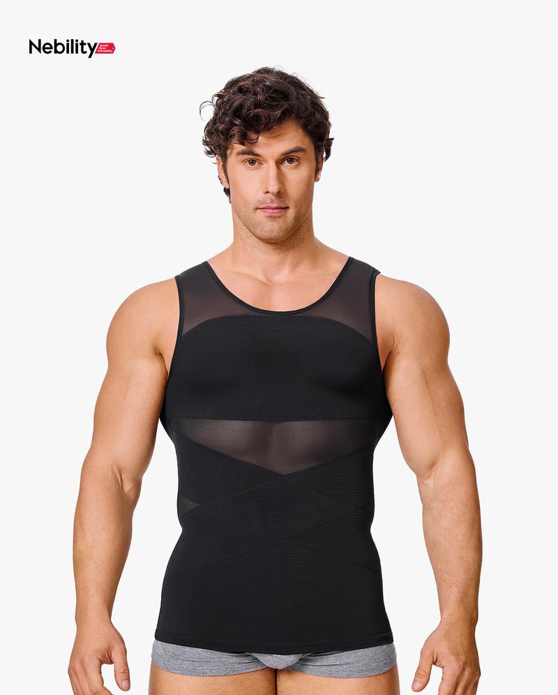 【LIVE】Nebility Men's Summer Thin Shapewear Tanktop - Menswear Mesh Tummy Control  Breathable High Elasticity  Seamless Sports Compression Vest Fitness