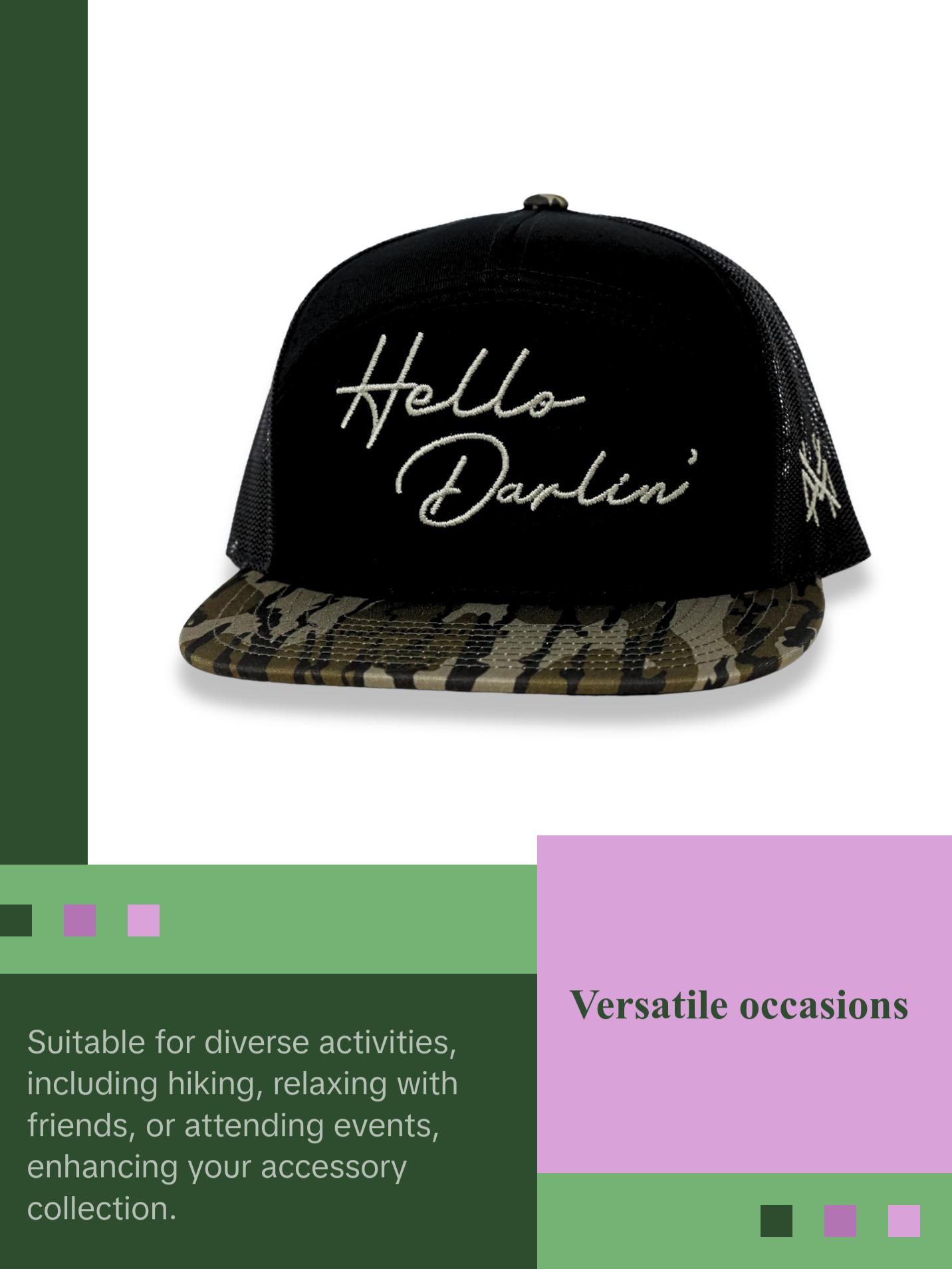 Hello Darlin' MadHatter's Embroidered Snapback Adjustable (Fits Up To A Size 8 Head) Premium Trucker Hat