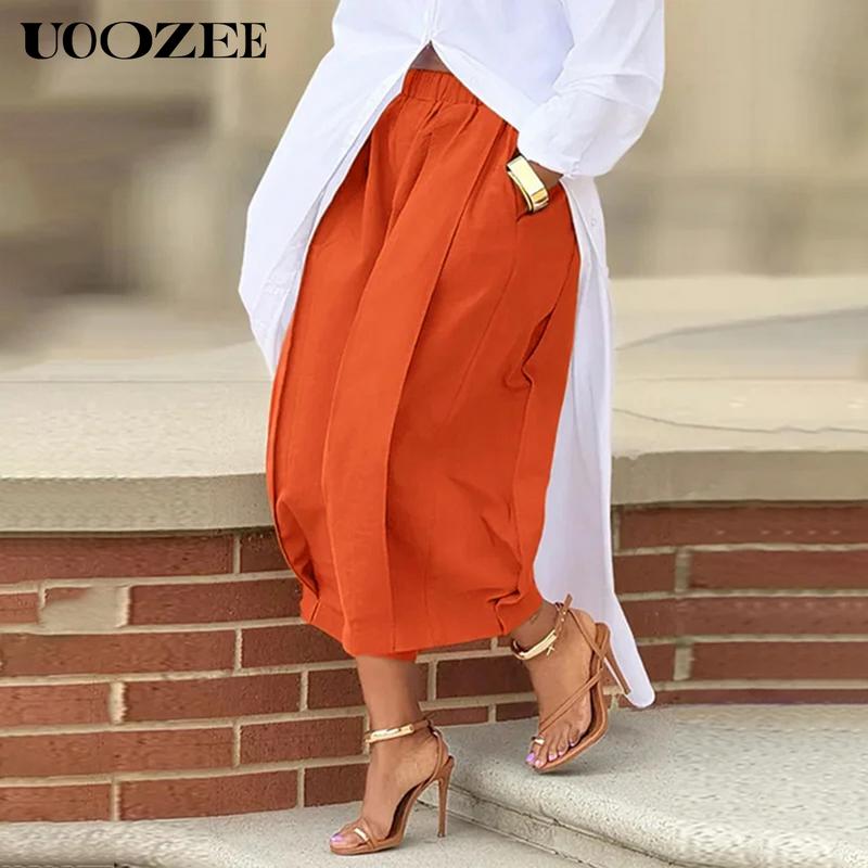 UOOZEE Women's Khaki Loose Multicolor Cropped&Long Trousers 100% Cotton Soft Summer&Autumn/Winter Comfortable Breathable Fabric Elastic Waistband Lantern Pants with Pockets Casual Style Bottoms Outfit Minimalist Spring Basic teacher outfits