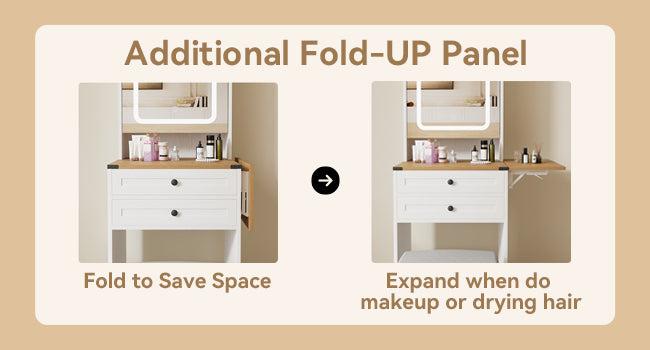 Farmhouse Small Vanity Desk Set with Mirror Cabinet Compact Makeup Vanity Set with 3 Adjustable Lights and Storage Chair for Compact Space, Dressing Table with Fold-up Panel IF049 Farmhouse Small Vanity Desk Set with Mirror Cabinet Compact Makeup Vanity Set with 3 Adjustable Lights and Storage Chair for Compact Space, Dressing Table with Fold-up Panel IF049