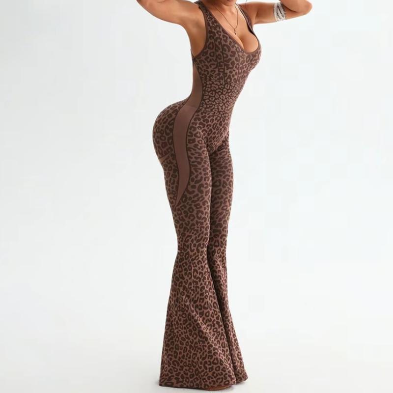 Women’s Leopard Print High-Waist Jumpsuit, Sexy Hollow-Out Criss-Cross Back Design, Fitness Wear, Backless Jumpsuit, Trendy Activewear, Women’s Slim-Fit Sports Suit, Flared Pants, Yoga Set Workout Bodysuit