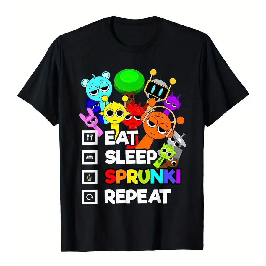 Sprunki Youngsters' Colorful Cartoon Character Cotton T-Shirt - Breathable, Quick-Drying, Short Sleeve Crew Neck,Kids' T-shirt,Children's Day Gift