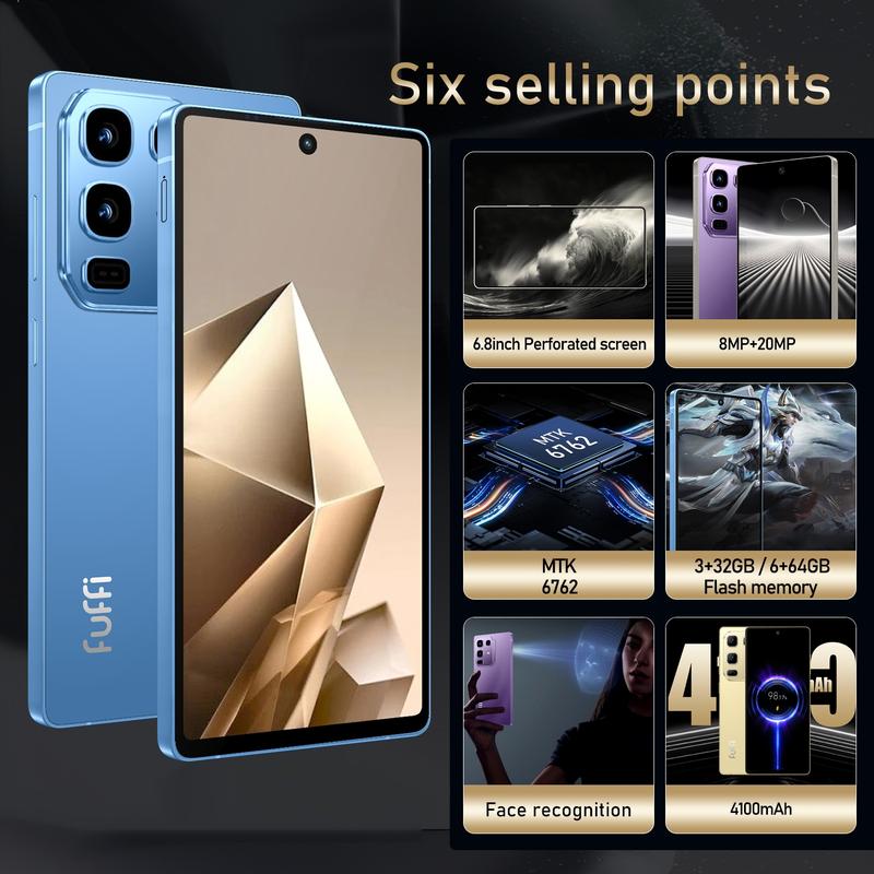 FUFFI 6.8-Inch Android Smartphone - 3GB RAM + 32GB ROM, 8+20MP Dual Camera - 4100mAh Battery, Android 12.0 Smart Touchscreen Phone- Unlocked 4G LTE Network, Dual SIM Cellphone