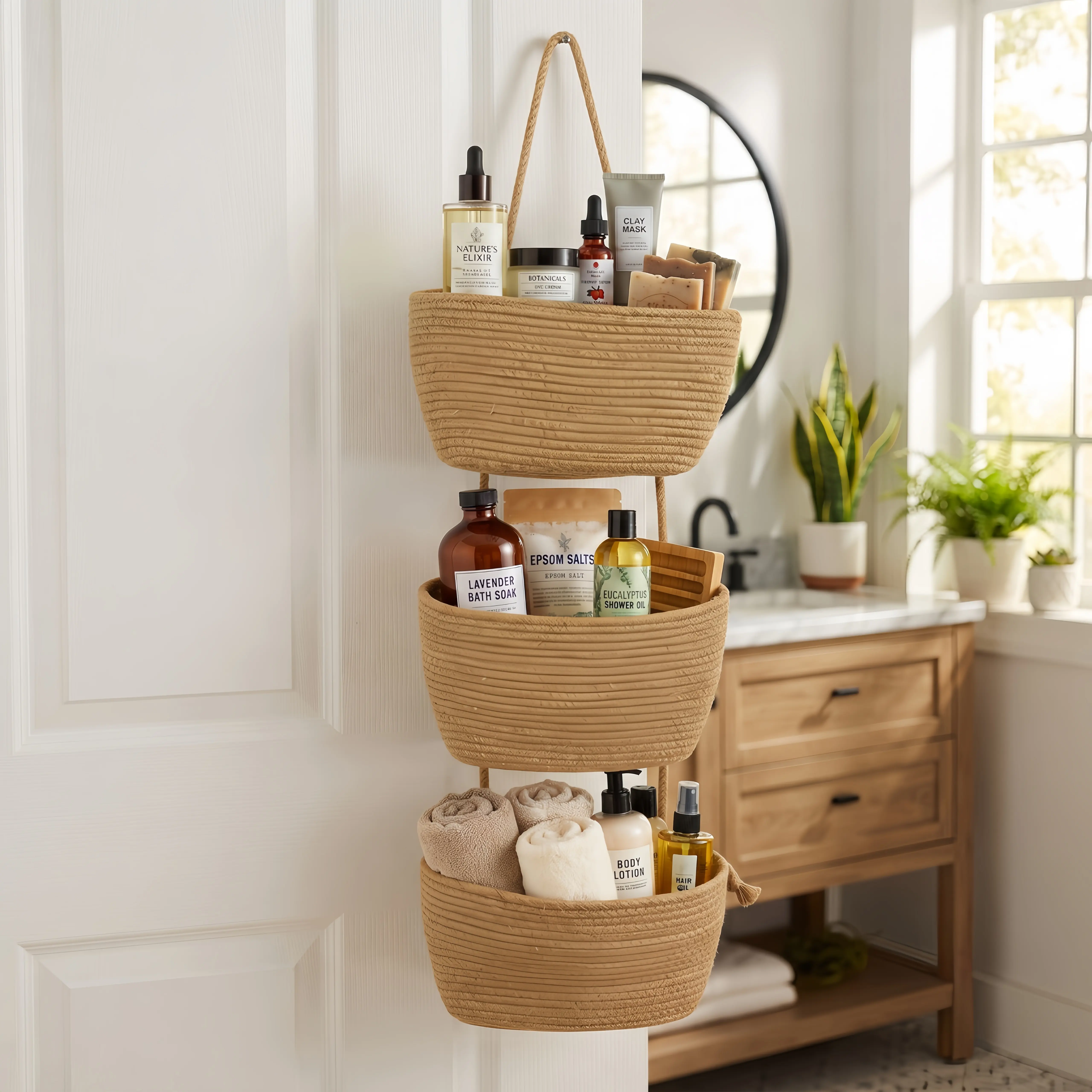 Dahey 3-Tier Hangable Handwoven Boho Jute & White Over-The-Door Storage Basket with Hooks - Indoor Decorative Home Organizer for Bedroom, Bathroom, Nurseries, Indoor Storage, Decorative Basket