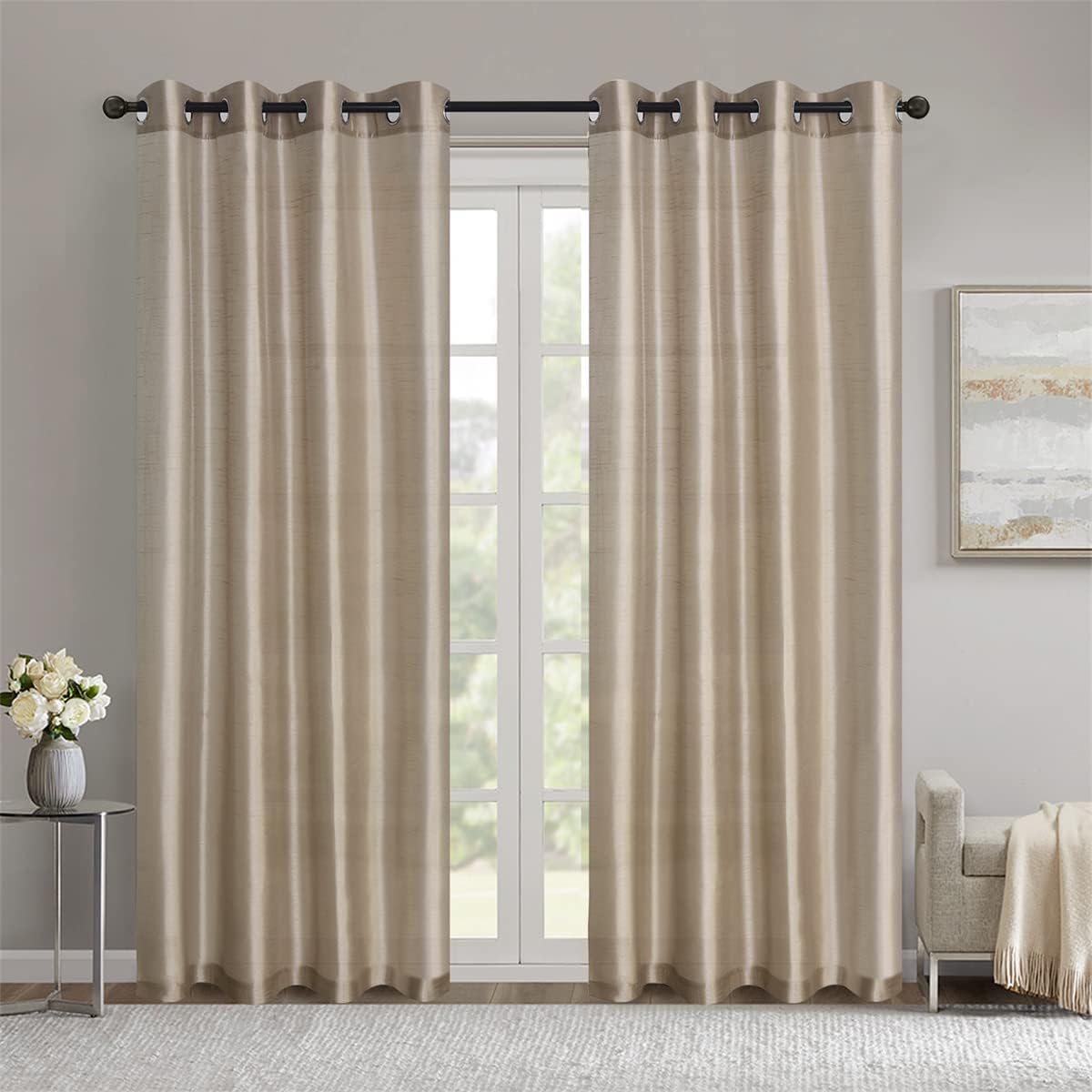 Semi Sheer Faux Silk Curtains, 2 Panels Set with Grommet Top for Light Filtering & Privacy luxury minimalist style drape Textured Room Darkening Curtain Blackout Linen Textured Curtains Semi-Sheer rubber print foil backing langsir bidai blackout sheer Rin