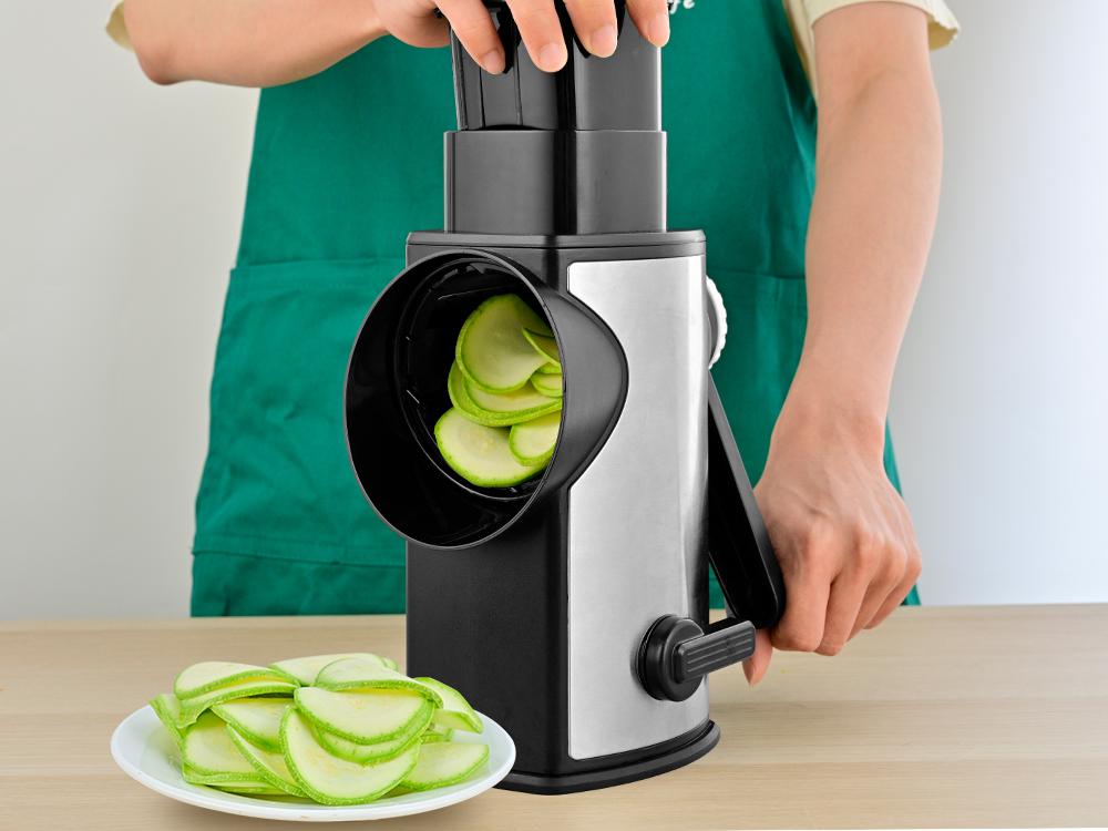 SUSTEAS Stainless Steel Rotary Cheese Grater with Handle - Comes with 5 Blades, Powerful Suction Cup Base, Comes with Blade Storage Box Cutlery Kitchen Utensil Vegetable Cutting Slicer Vegetable Cutter