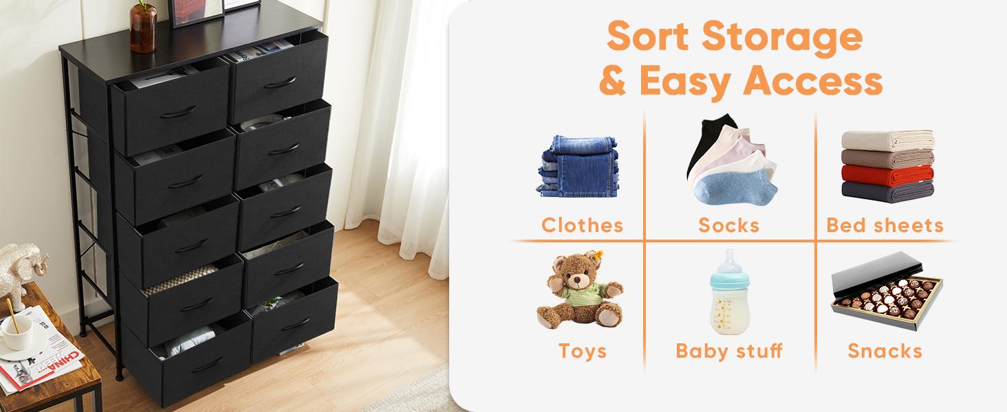 Tall Drawer Organizer Storage Drawers Fabric Storage Tower with 10 Drawers, with Fabric Bin, Wood Top for Bedroom, Closet