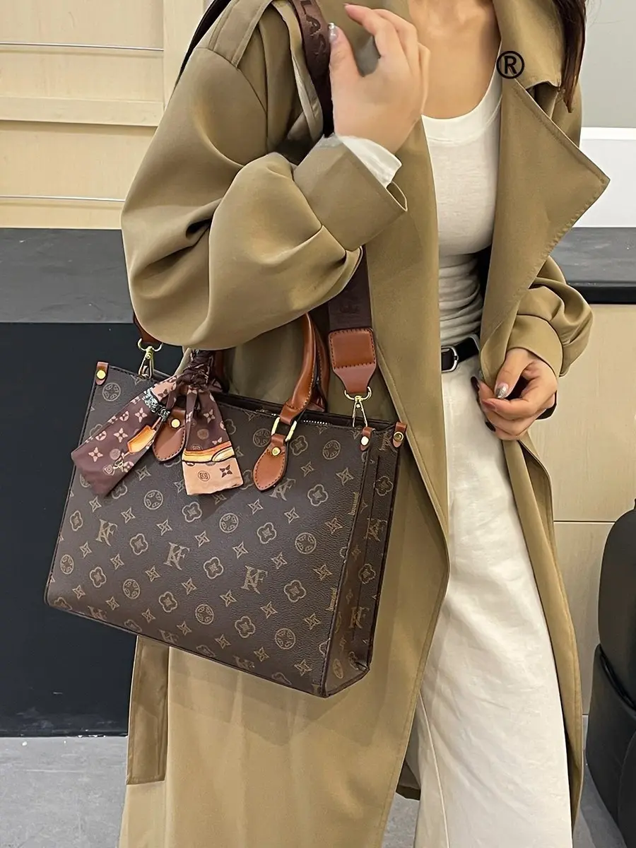 Women's Vintage Monogram Print Tote Bag - Large Capacity Waterproof Multifunctional Shoulder Crossbody Bag for Office Commute Work