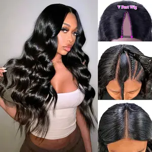 【Updated with Drawstring】Mamushow V Part Wigs With Invisible Strap Drawstring 100% Human Virgin Hair Body Wave Glueless Wig 180% Density Curly Wigs Natural Black