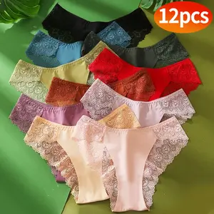 12 PCS-Women’s panties — low-rise basic lace triangle bikini briefs with a mid-to-high rise; comfortable cotton, soft and skin-friendly, seamless and breathable; minimalist fashion women’s underwear, casual style. Women's Summer Clothing
