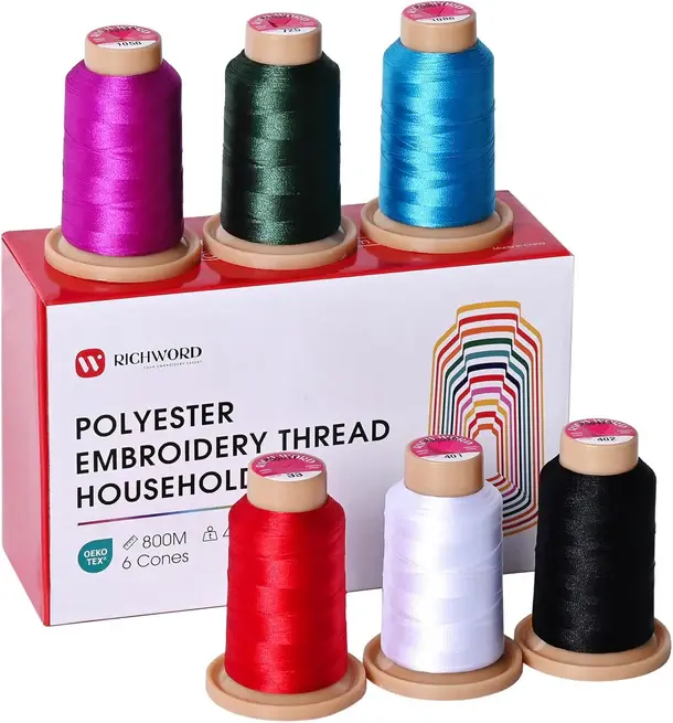 PooLin Richword Embroidery Polyester Thread 800m x 6 Colors 40wt 108D/2 for Sewing & Embroidery Machines