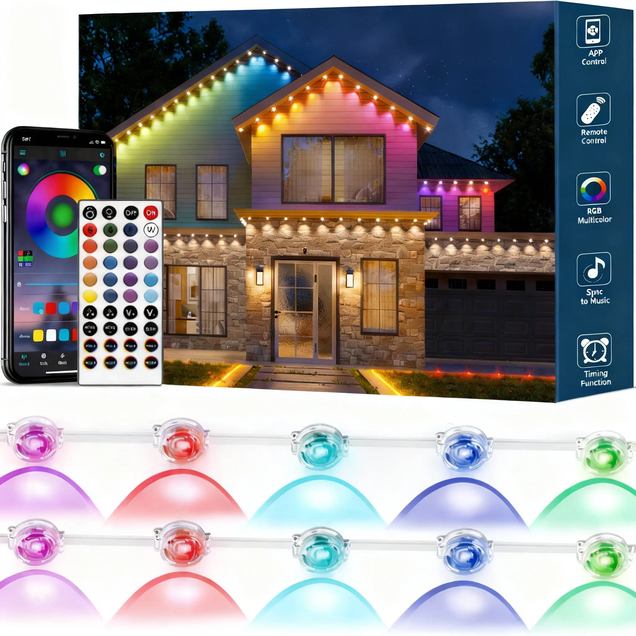 Yocrostar 50-100ft Permanent Outdoor RGBW Wireless LED String Lights - Smart Eaves Decorative Lights with Summerwins App & Remote Control, IP67 Waterproof, Ideal for Christmas, Party & Mood Lighting, Home Roof & Garden Home Improvement Use, Wireless Led L