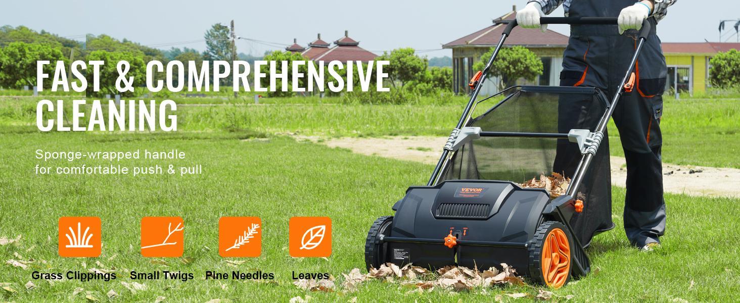 VEVOR Push Lawn Sweeper, Various specifications, Leaf & Grass Collector, Strong Rubber Wheels & Heavy Duty Thickened Steel Durable to Use with Large Capacity. Mesh Collection Hopper Bag, Spinning Brushes