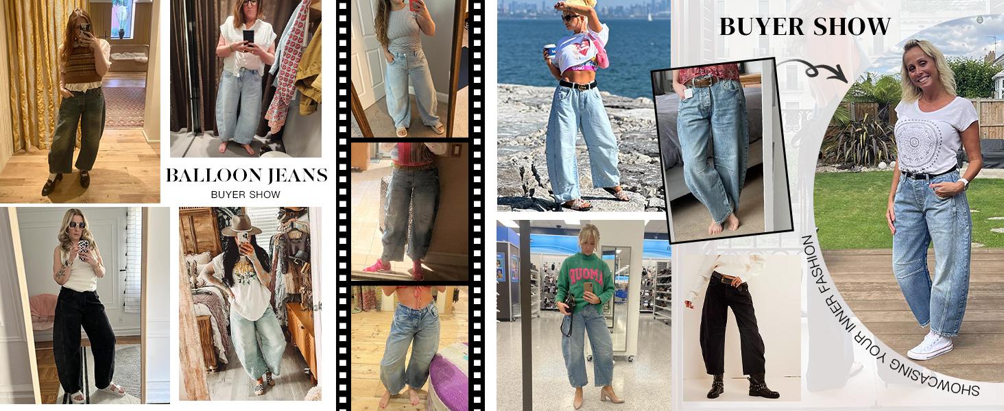 PiePieBuy Women's Vintage Boyfriend Jeans Baggy Wide Leg Denim Pants with Mid Rise Barrel Leg Ankle Length Loose Trouser Bottom Style Cute Blue Womenswear Casual Fit Fabric Pockets
