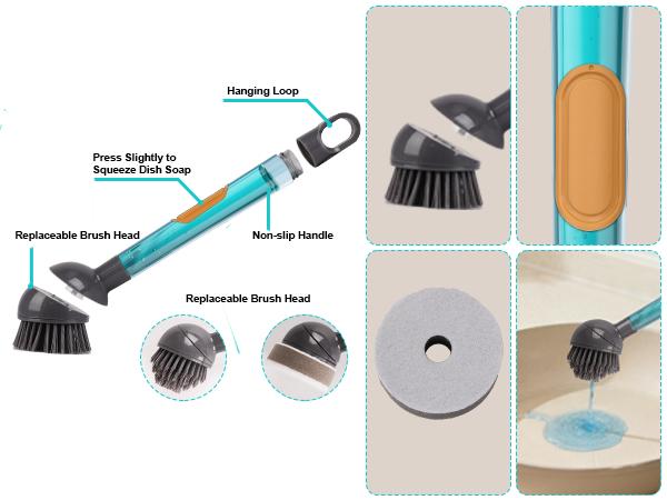 CuLiDing Soap Dispensing Dish Brush Storage Set with 360° Rotating Head, 3 Brush Heads & 2 Scouring Pads, Durable & Eco-friendly, Versatile for Dishes, Sink, Pans, Pots